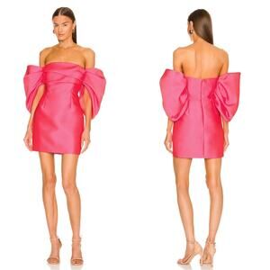 SOLACE LONDON Elina Off the Shoulder Puff Sleeve Mini Dress in Ultra Pink Sz 4